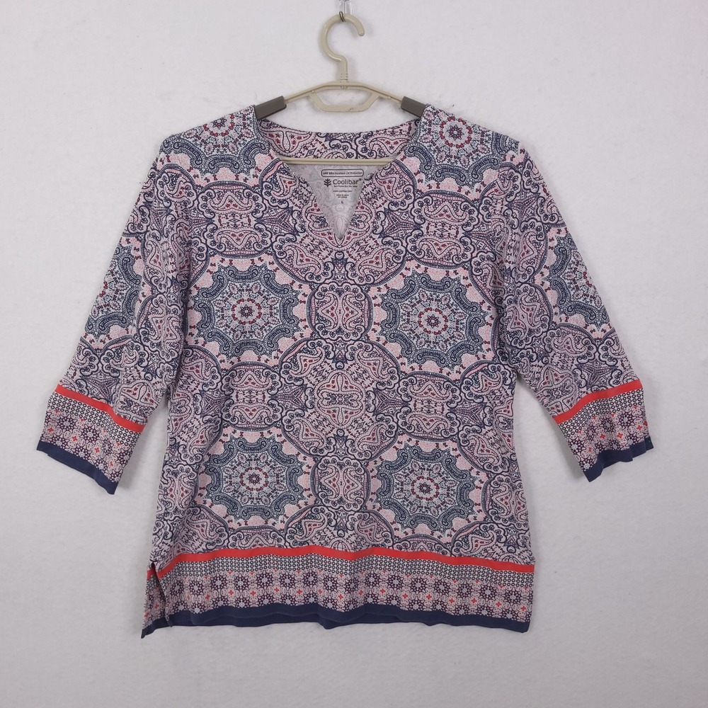 Coolibar Tunic Top Womens L Blue Pink Paisley UPF 50+ Sun Protection 3/4 Sleeve